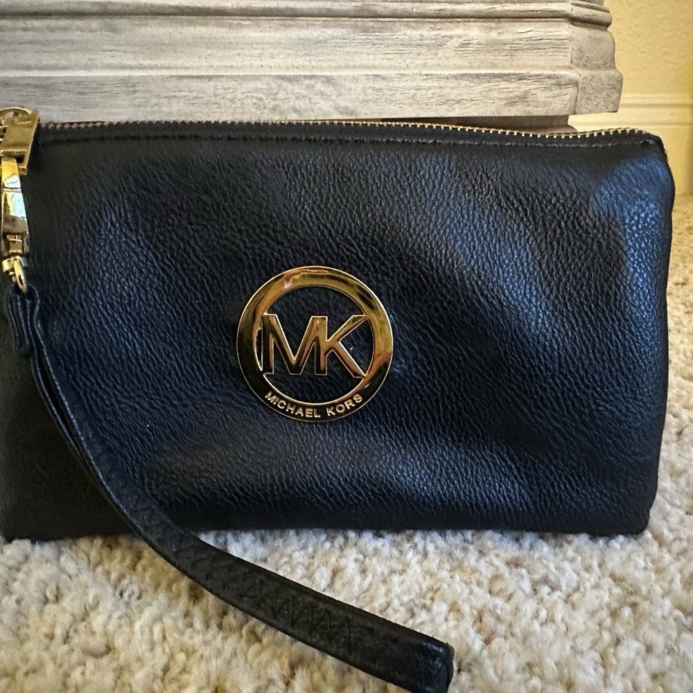 Michael Kors Black Wristlet with Gold Logo built in card holder